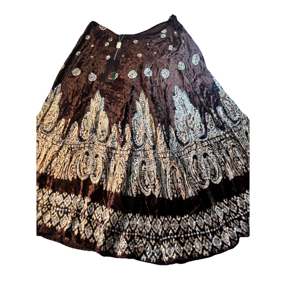 L'Pogee Skirt Women's XL Embroidery Sequins Ethnic Brown Velvet Indian Boho NEW